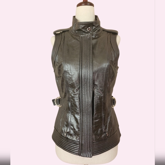 St. John Metallic Lambskin Leather Moto Biker Vest Silk Lined Sz 2 - Picture 3 of 16